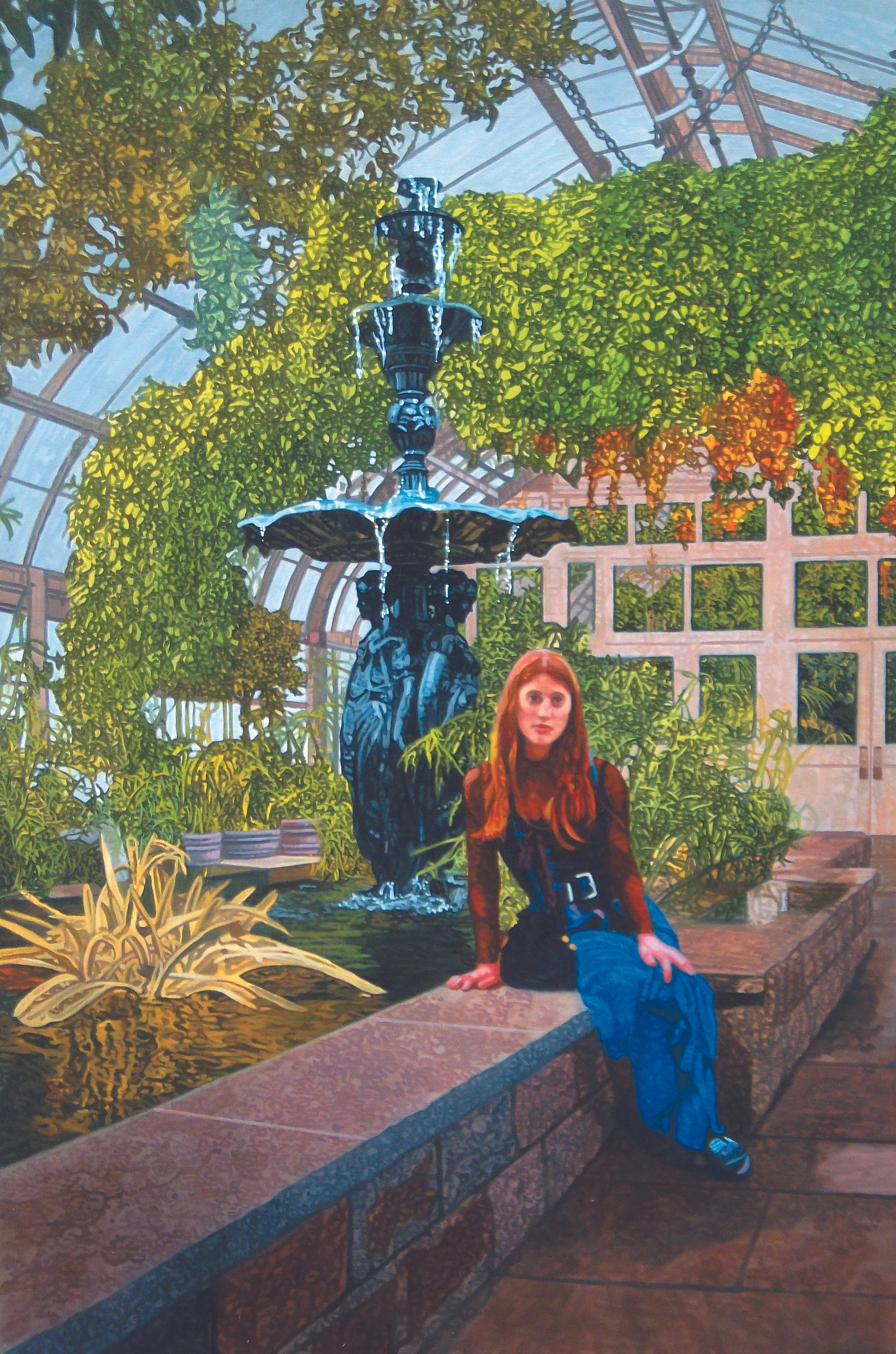 Eve in the Garden #2 , 2016, Oil on Canvas, 36" x 24". A young woman sits on the concrete edge of a fountain in a greenhouse, surrounded by leaves and flowers.