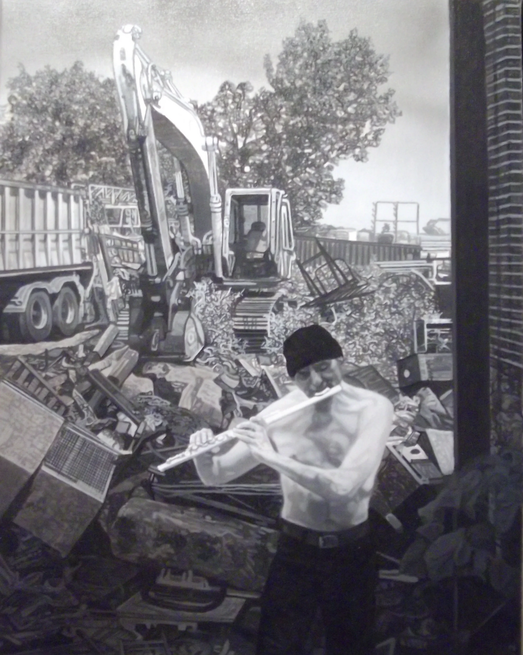 Piper at the gates of dawn , 22” x 28”. A man plays a flute in the foreground of a desolate, junk-filled yard.