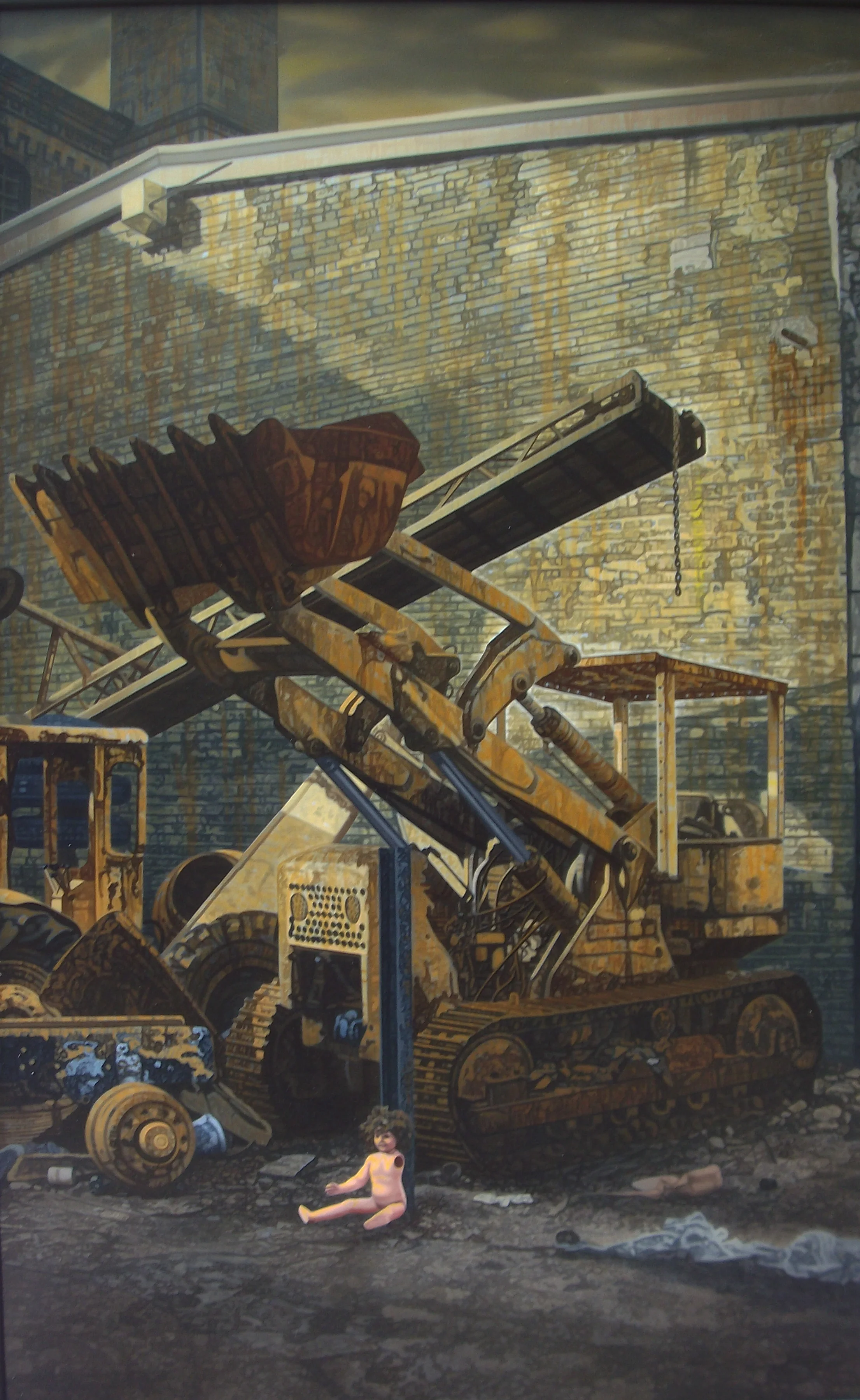 War , 32" x 48". A plastic doll sits among abandoned construction machinery which almost form a swastika above her head.