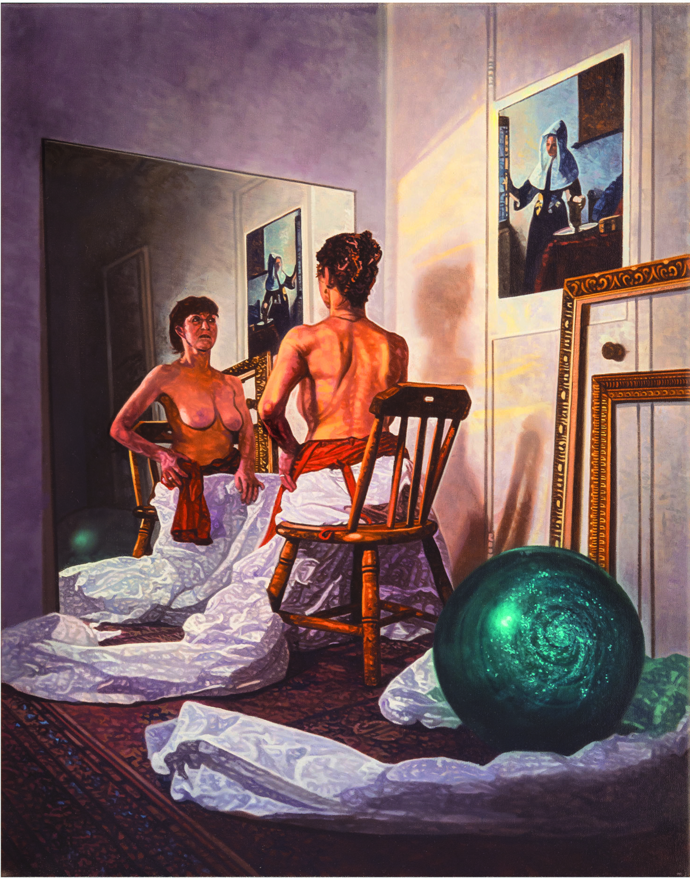 The Universe is in your eyes , 28”x 20”. A semi-nude woman sits in a chair before a mirror, staring at her reflection.