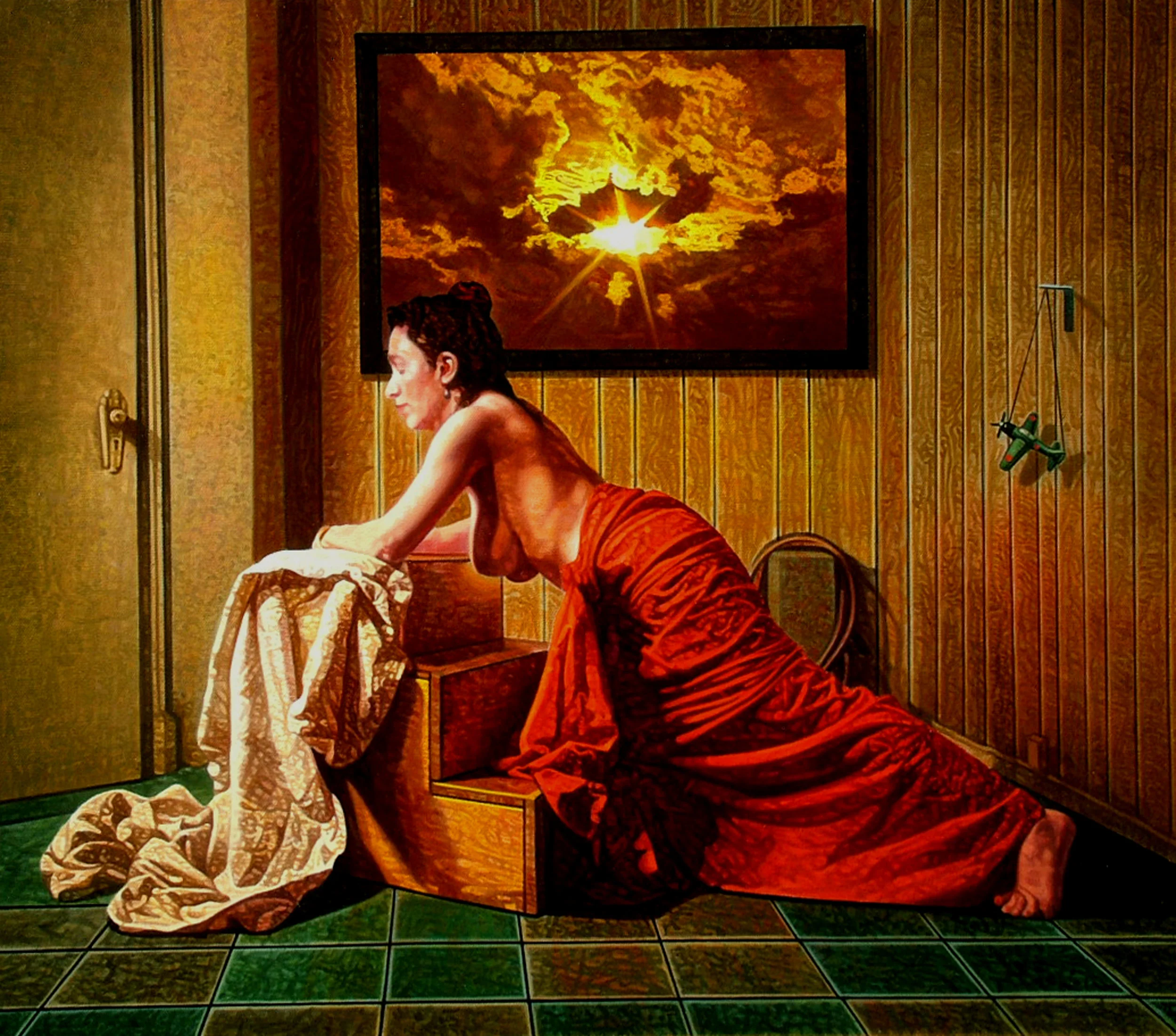 Learning to Fly #1 , 2008, Oil on Canvas, 20”x24”. A semi-nude woman is reclined on some small steps in a dank basement with a closed door, symbolizing that she cannot fly out of her life.