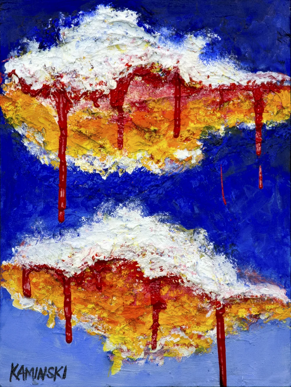 Cave Creek Clouds #2 , 2017, Oil on Panel, 18” x 14.5”. Vertical textured abstraction of yellow and white clouds, dripping red against blue background.
