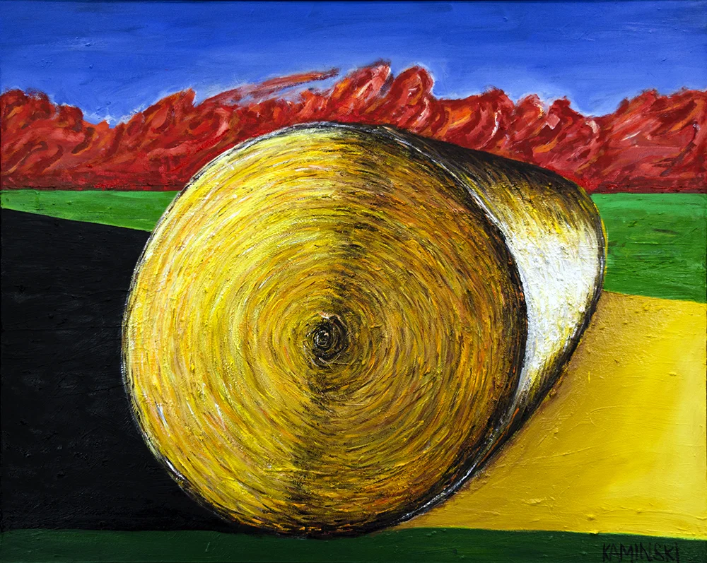 New Jersey Hay Stack #1 , 2017, Oil on Canvas, 50” x 62”. Abstract landscape yellow rolled hay stack with red tree background