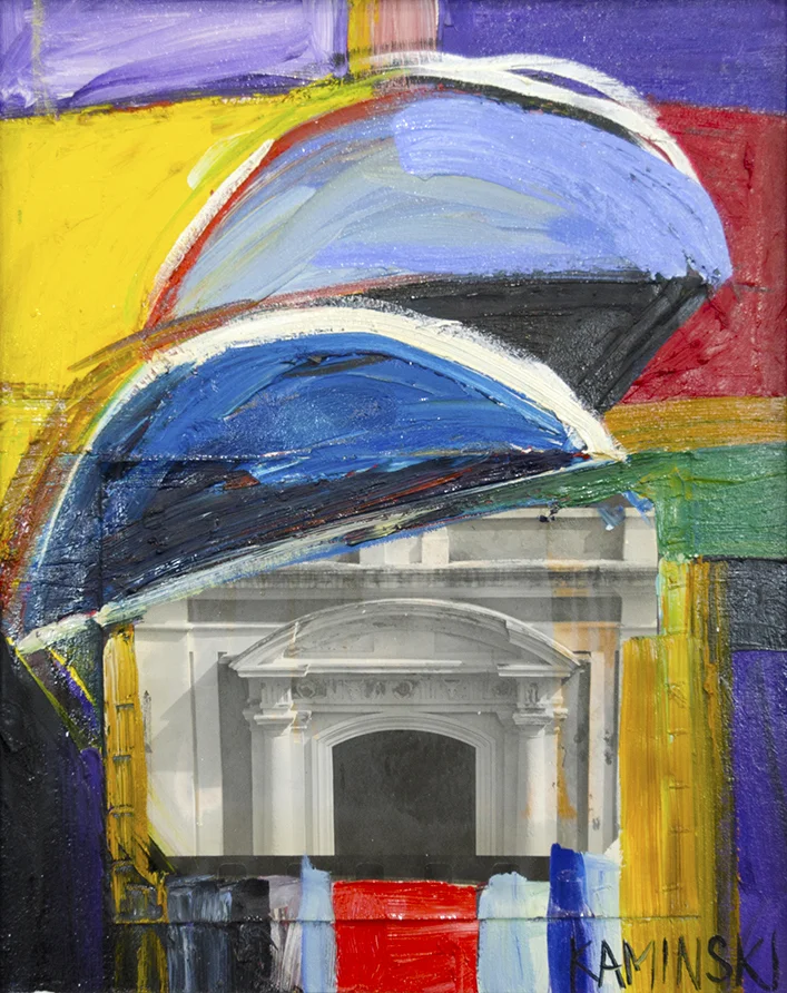Arches , 2017, Oil on Canvas with B&W Photo attached, 26” x 21”. Abstract painting of an arched building with bold yellow, blue, red, purple, green brushstrokes and collages of a photograph of a building