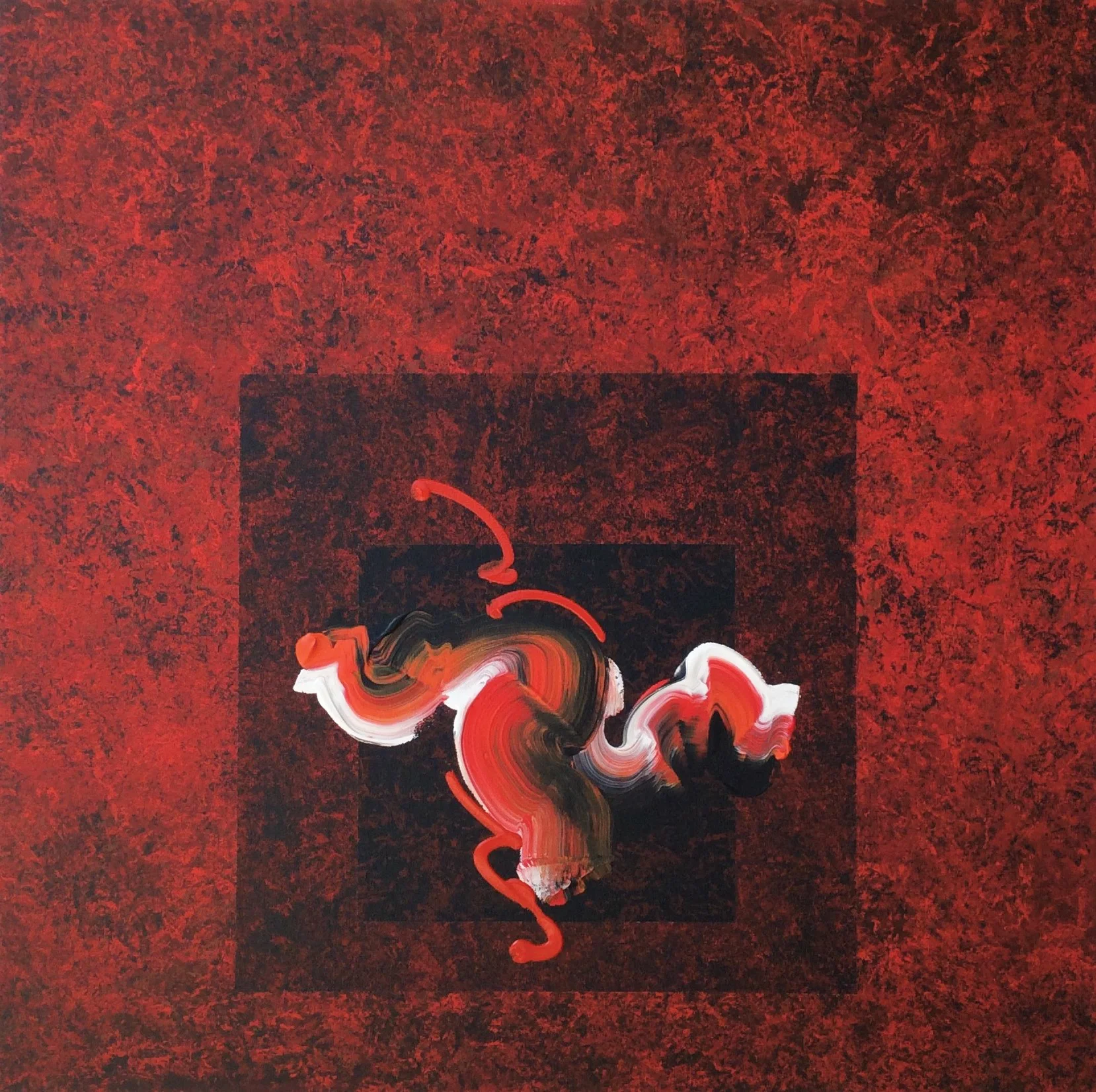 Unleashed 10 , 2017, Acrylic on Canvas, 36”x 36”. One calligraphic shape in white, red and black on two concentric squares on a red textured background.
