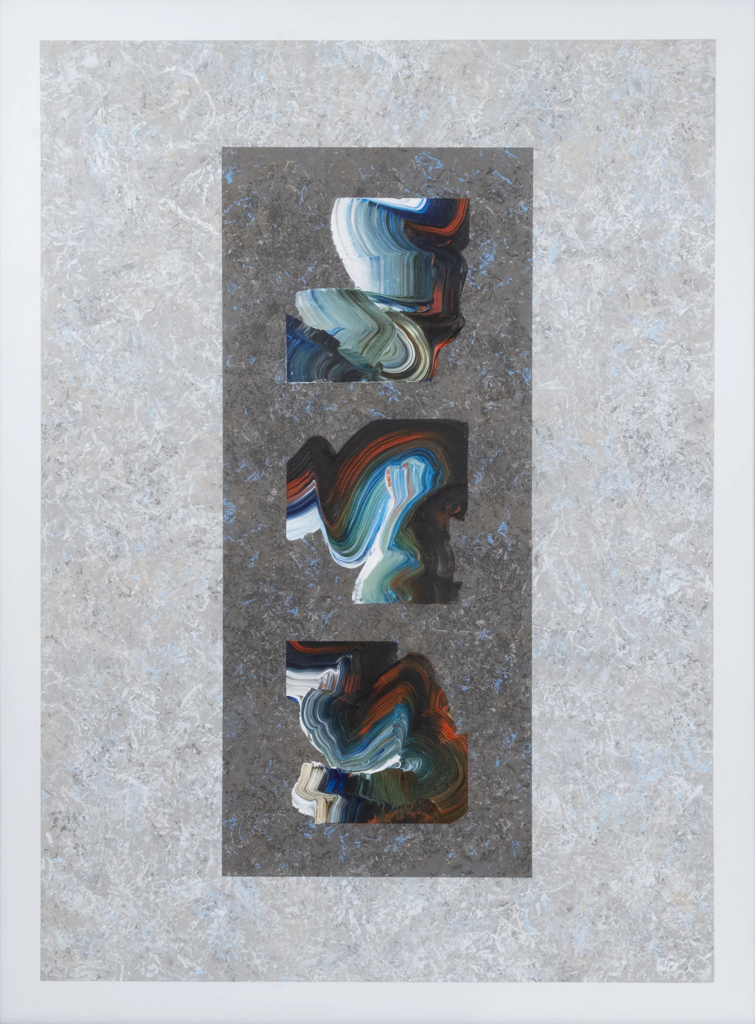 Taliesin Emergence #6 , 2018, Acrylic on Canvas, 41.5" x 31.5". Three simple calligraphic shapes in black, orange, white and blue over a light grey background.