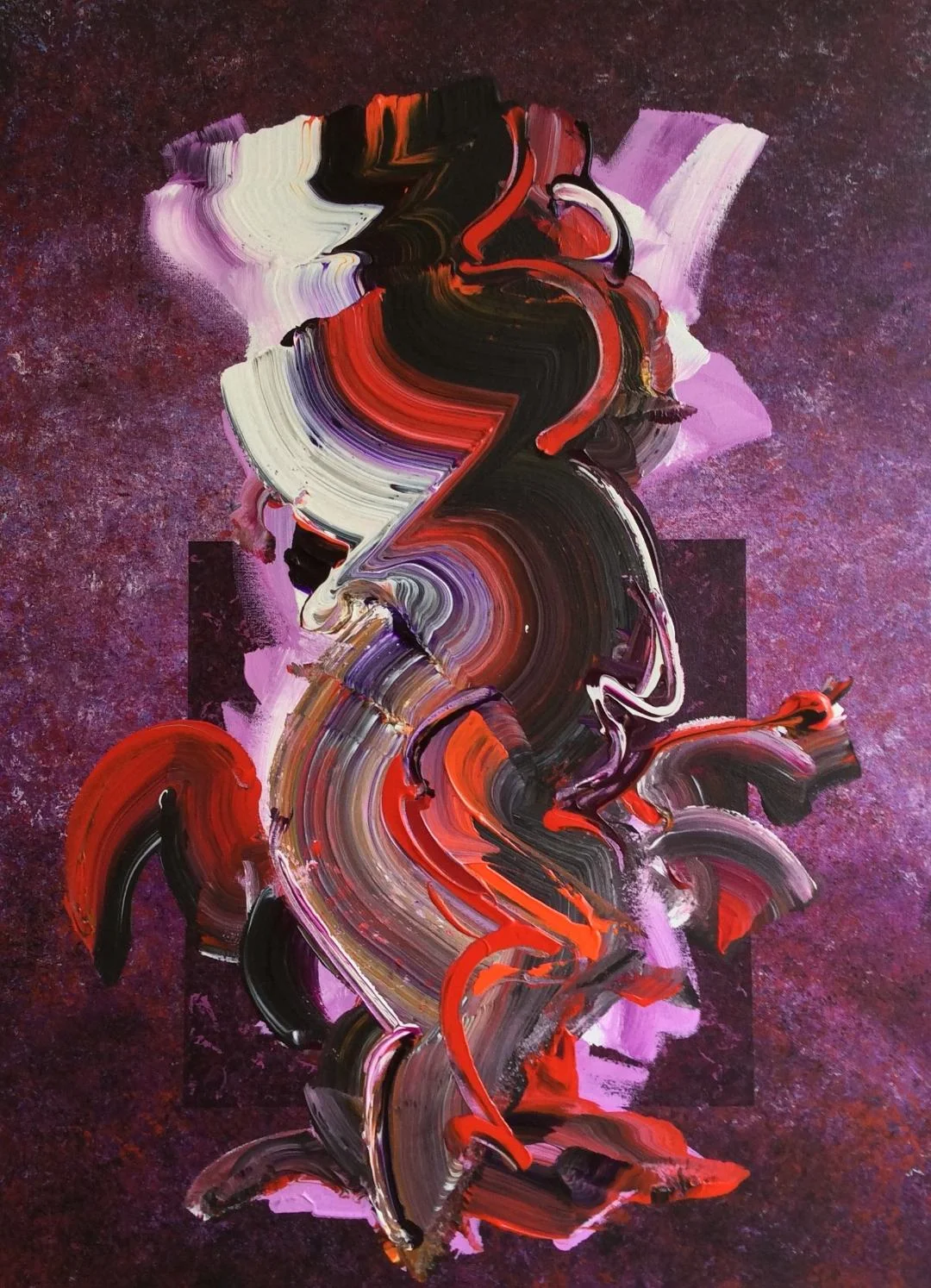 Unleashed #18 , 2018, Acrylic on Canvas, 41.5" x 31.5". Swirling shapes in purple, violet, black, white, orange and red with accent strokes in white, red and orange.