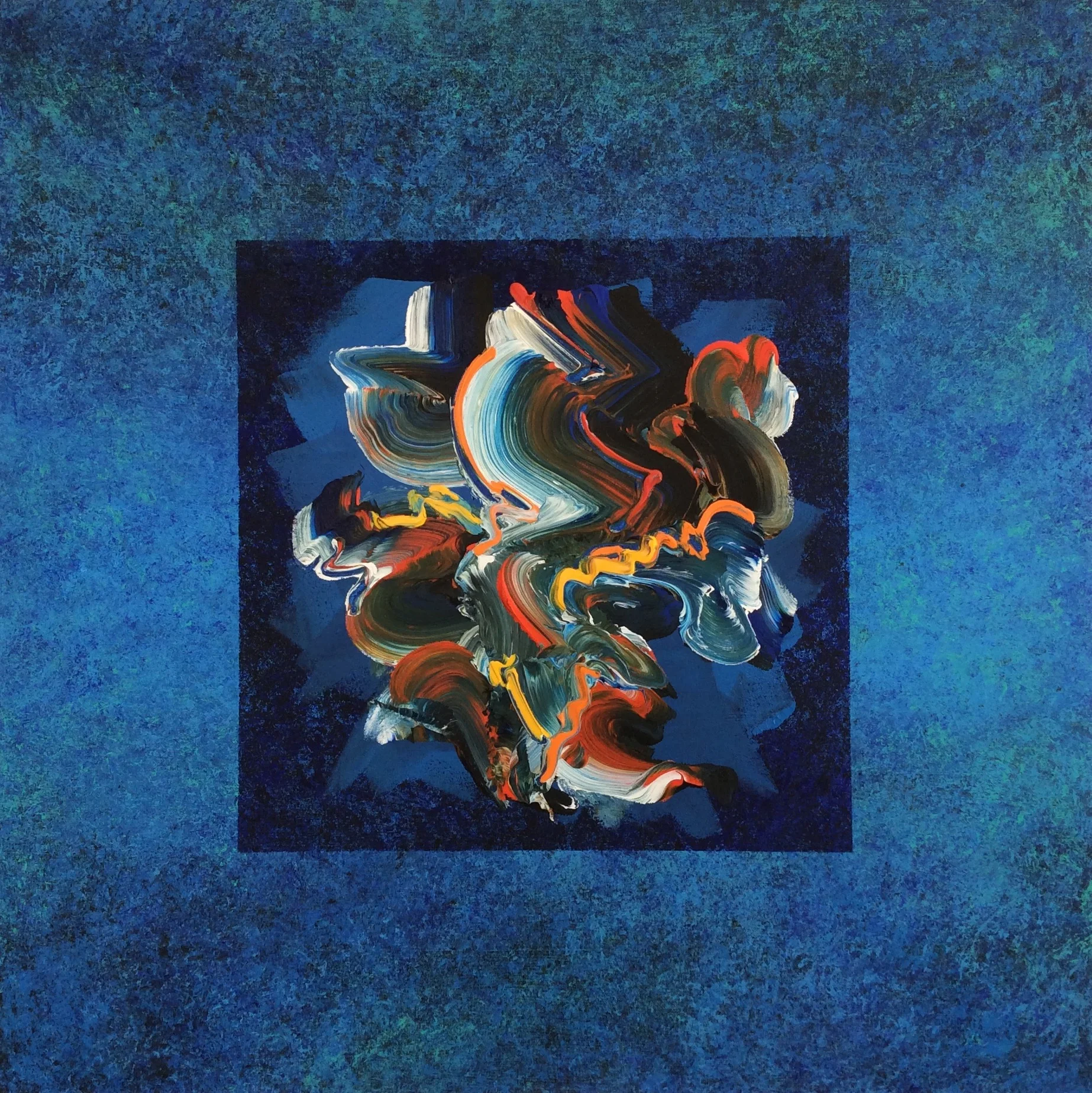 Taliesin Dawn , 2016, Acrylic on Canvas, 36”x 36”. One integrated swirling shape in white, black, blue, yellow and orange on a blue textured background.