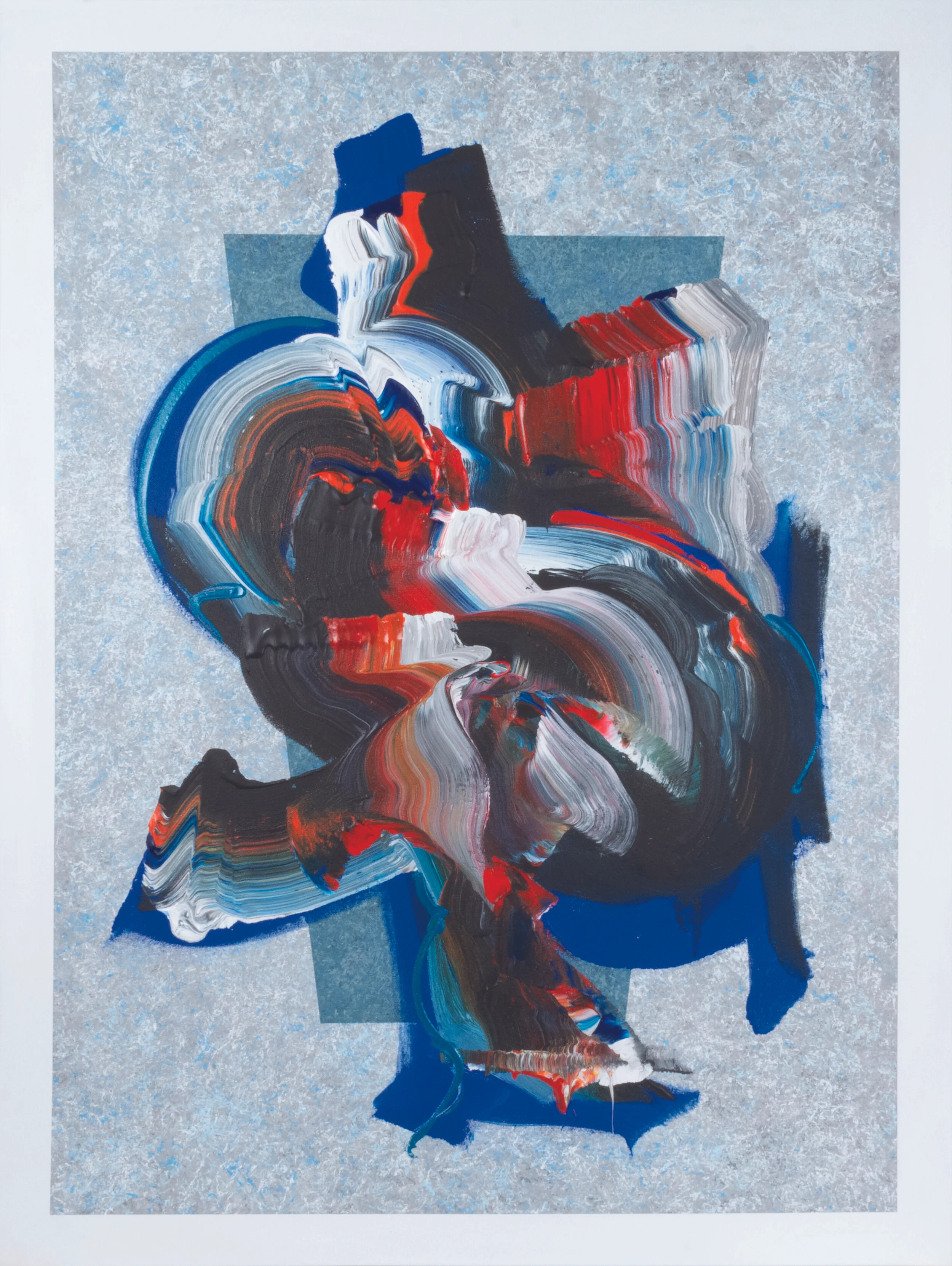 Unleashed #24 , 2019, Acrylic on Canvas, 49.5” x 37.5”. Loose, swirling brushstrokes in blue, black, red, orange and white on a light blue textured background.