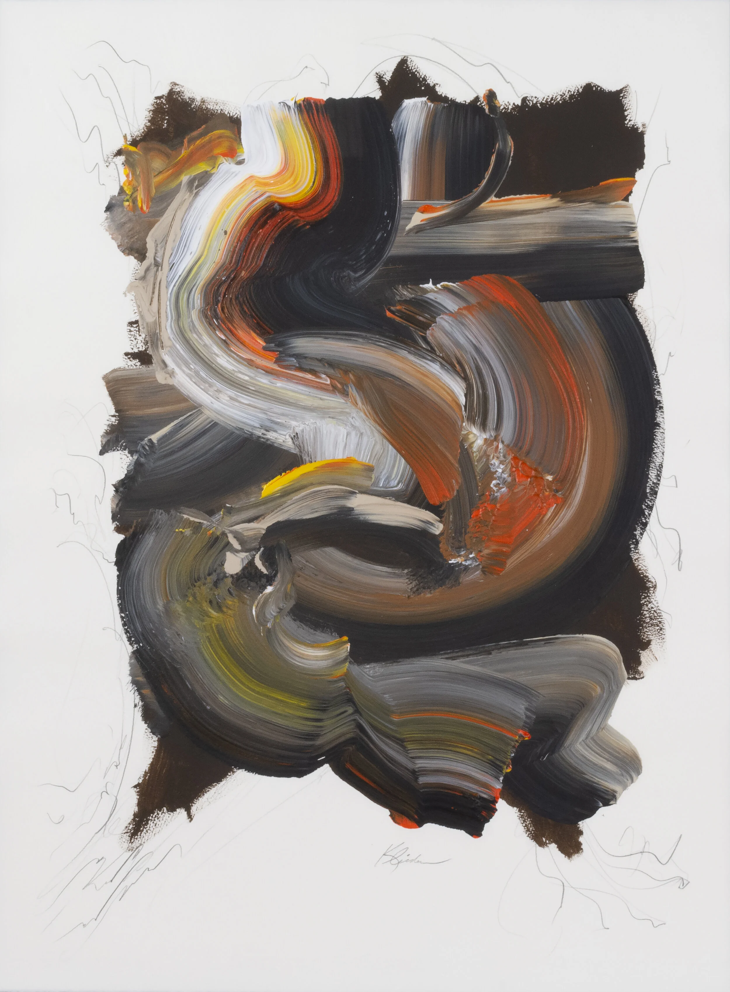 Making Waves Vertical Series 1.4 , 2014, Acrylic and Graphite on Arches Paper, 39.5” x 31.5”. Swirling brushstrokes in black, white, orange, yellow and grey with graphite pencil lines.