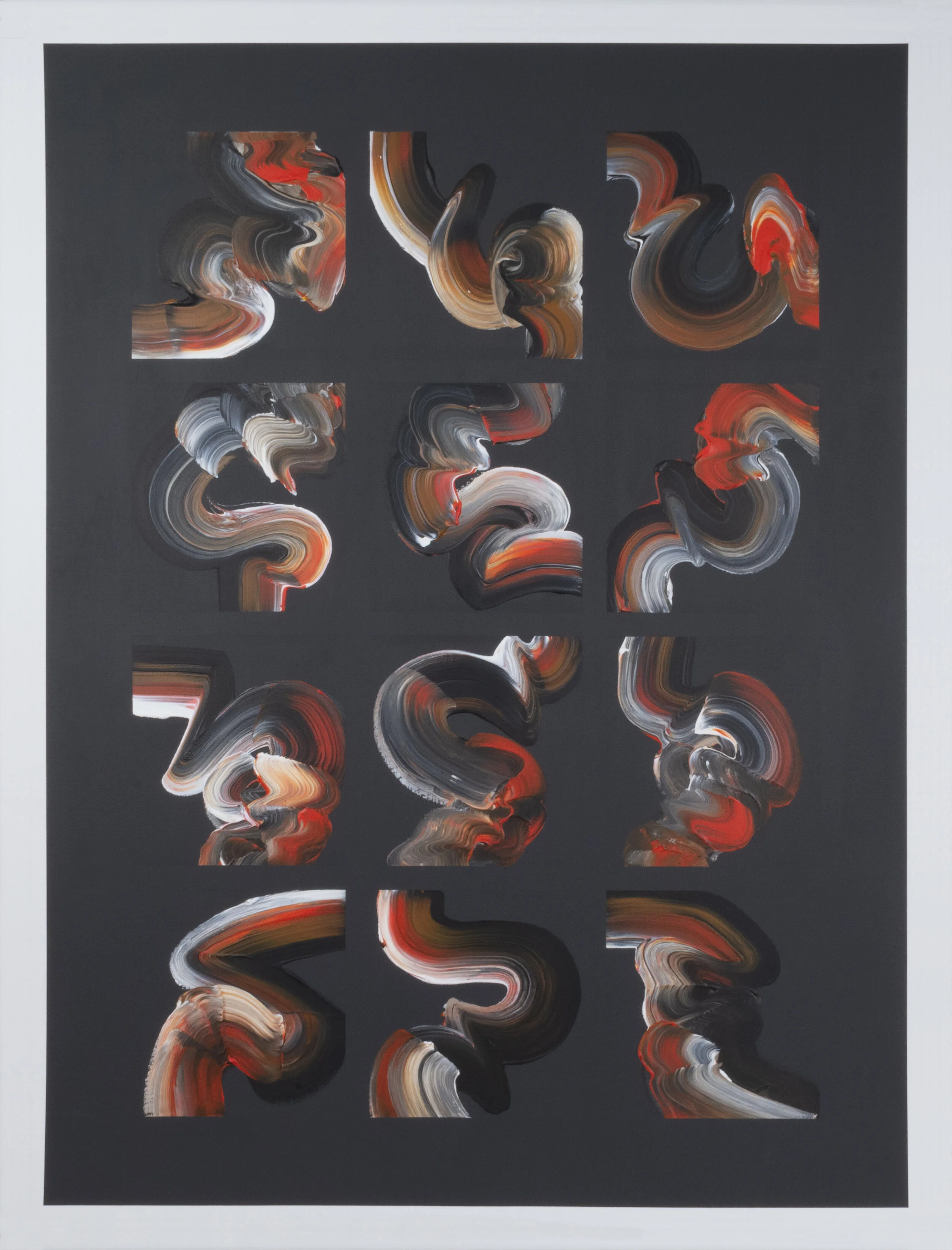 Turbulence #1 , 2015, Acrylic on Canvas, 49.5” x 37.5”. Twelve calligraphic images in black, orange and white on a dark grey background.