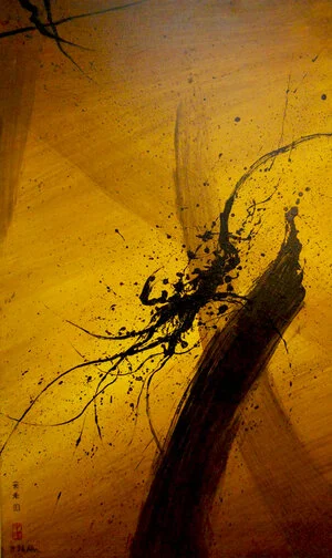 Dragon Head , 1999, Acrylic on Canvas, 60” x 36”. Yellow skyscape with wide calligraphic brown and black strokes and black splatters.