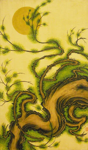 Untitled , 1992, Acrylic on Canvas, 50” x 39”. Pine tree with yellow moon and tan background.