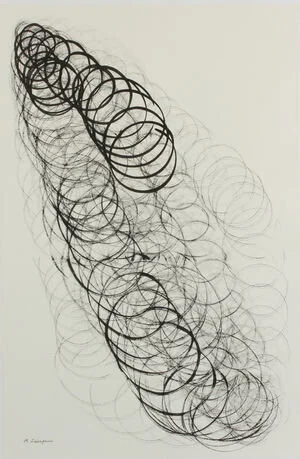 SunSun II-0423, 2014, Sumi Ink On Washi paper, 35 2/5” × 23 3/5”. Bands of abstract calligraphic circles connected in a slinky-like manner with white background.