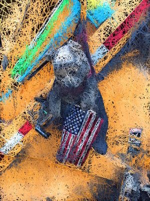 Flag Bear, 2016, Archival ink print on canvas, 48" x 36", Edition 4/10. Abstract photograph gray teddy bear holding American flag with yellow abstract background.