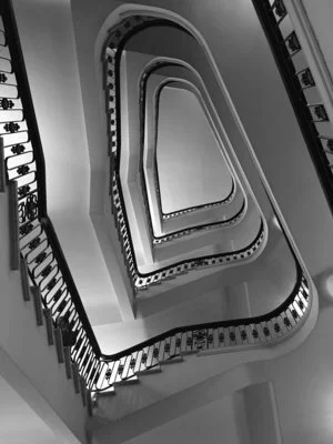 Spiral Stairway, 2015, archival ink print, 18" x 13.5", Edition 20. Black and white photography of a spiral stairway.
