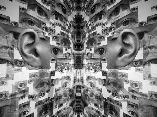 Eyes and Ears, archival ink print on canvas, 26.5" x 36", Editions 4/10. Abstract black and white photograph with collages of eyes and ears.
