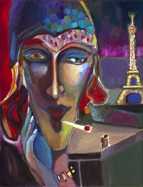 Bonsoir Paris , 2019, Acrylic on canvas, 24" x 18.5”. Abstract portraiture of a Parisian woman smoking a cigarette. Blue, red, yellow on the face and the Eiffel tower on purple background.