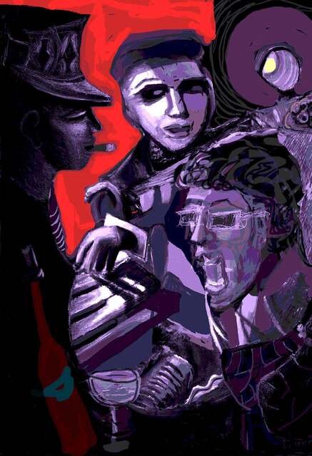 Jazzland, 2019, Digital on Aluminum (Limited edition 2/25), 36" x 24” x 3/4”. Abstract portraitures of 3 people in a circle. Purple and black dominating with red background.