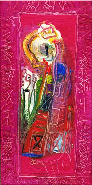 Soile Yli-Mäyry, Burning Fire , 2017, Oil on Canvas, 16" x 8". Female abstract nordic portraiture with palette-like face, expressionist facial tones, eyes, mouth with bright pink background.