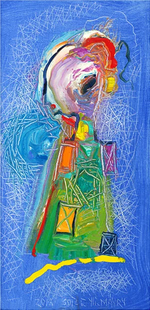 Dream Bridge , 2018, Oil on Canvas, 15.7" x 8". Female abstract nordic portraiture with palette-like face, expressionist facial tones, eyes, mouth in white, green, red color in blue background.