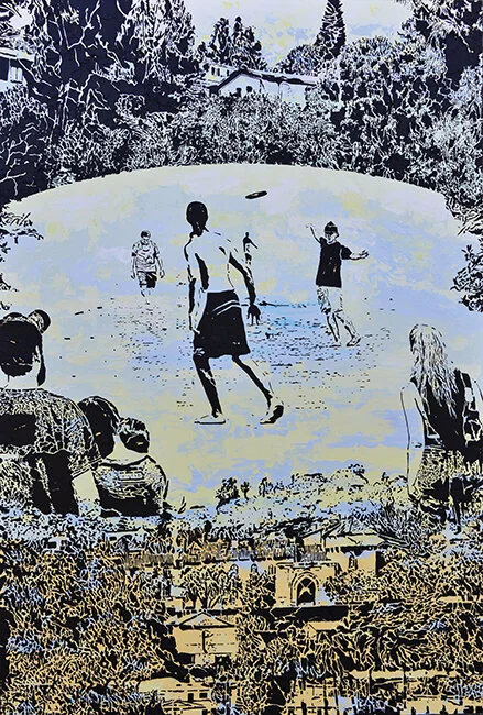 Spin , 2014, imprints,relief painting on wood panel using oil, wax, gel, 40" x 60" Woodblock print-like painting with black background portraying shapes of figures, houses and trees. Tannish foreground, blue and grayish horizon.
