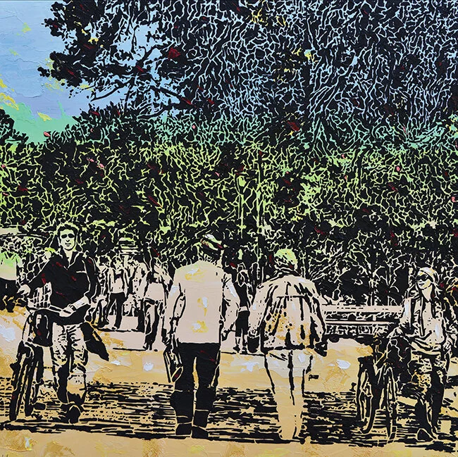Promenade , 2013, Imprints,relief painting on wood panel, 30" x 30" Woodblock print-like painting with black background portraying shapes of figures, trees. Tannish white foreground, greenish horizon.