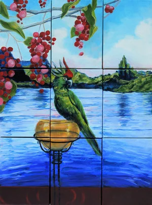 Eternal Gaze of the Messenger II, 2017, Oil on Canvas, 24" x 18" Seascape in Oregon featuring rocks, trees, and a parrot. Blue ocean and green rocks in the horizon with blue sky