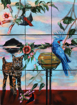 Eternal Gaze of the Messenger III , 2017, Oil on Canvas, 24" x 18" Seascape in Oregon featuring rocks, parrot, cat and trees. red, blue, pink on foreground with pinkish blue sky