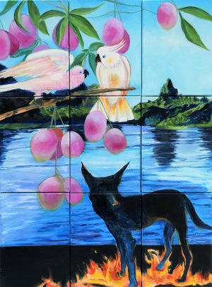 Eternal Gaze of the Messenger I , 2017, Oil on Canvas, 24" x 18" Seascape in Oregon featuring parrot, tree and fruits, dog, rocks and fire on foreground. black, blue, green horizon with blue sky