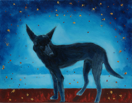The Past is Not finished Here IV, 2017, Oil on Canvas, 11" x 14" A black dog standing on reddish brown ground. Seascape with rocks on the horizon with blue sky with yellow stars.