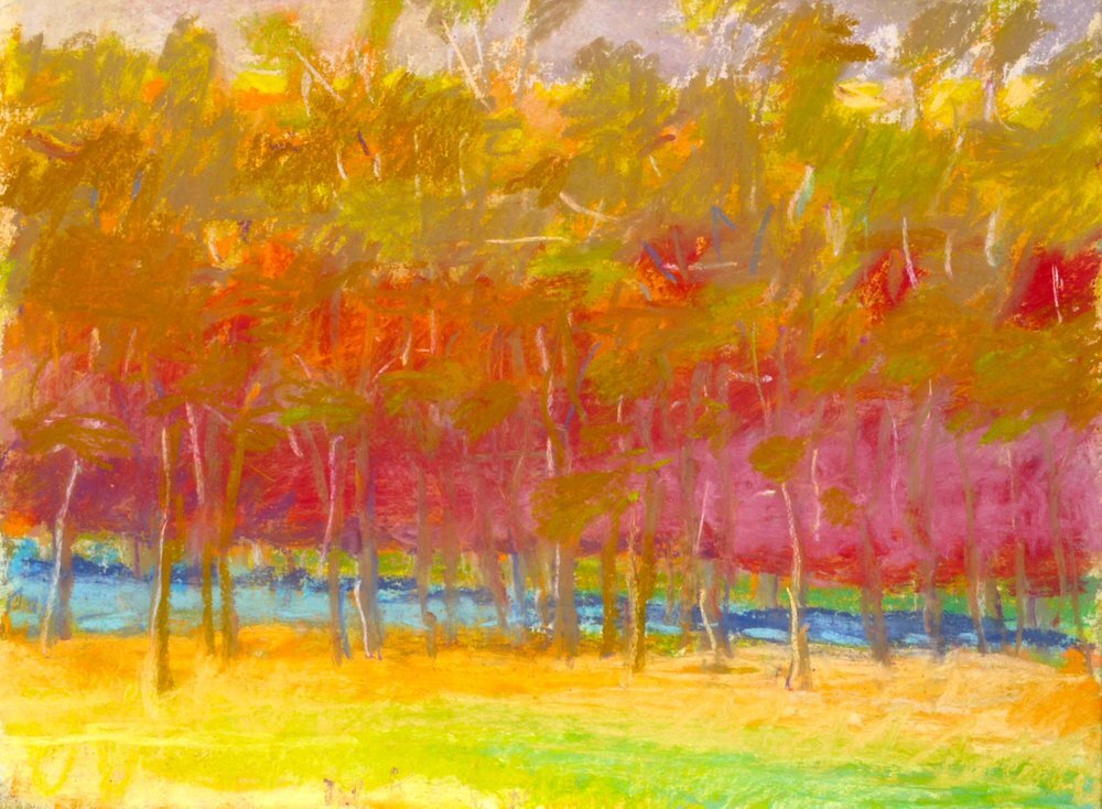 Midsummer (SOLD), 1993, Pastel, 9" x 12" Pastel treescape with yellow foreground, olive trees and red background