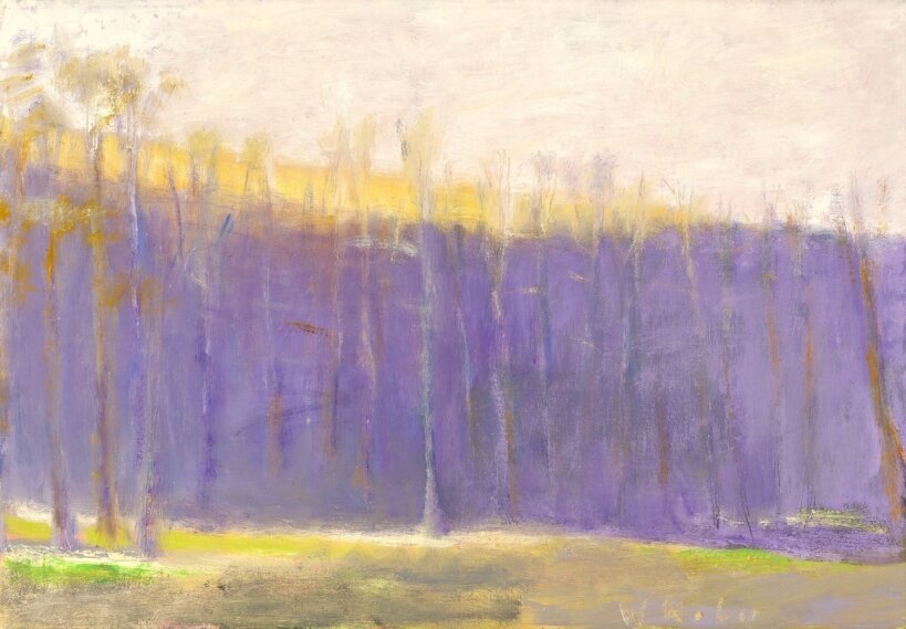 Reluctant Green, 2001, Oil on canvas, 18" x 26" Treescape with purple horizon, yellow and beige sky