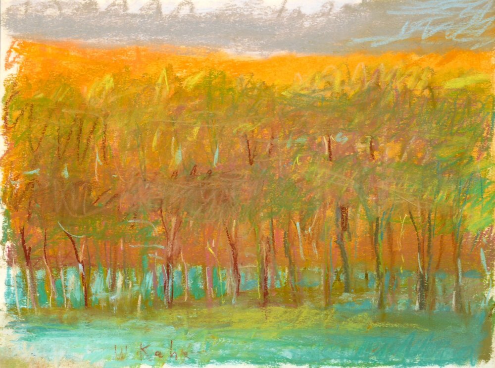 Evening Tree Row (SOLD), 1993. Pastel, 9" x 12" Pastel treescape with orange horizon, olive trees, green ground and gray sky