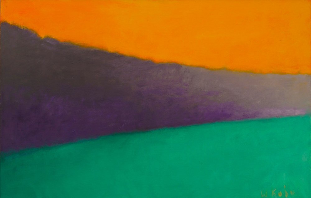 Edge of the Trees, c. 1993, Oil on canvas, 18" x 28" Abstract horizontal painting with orange, purple and green panels
