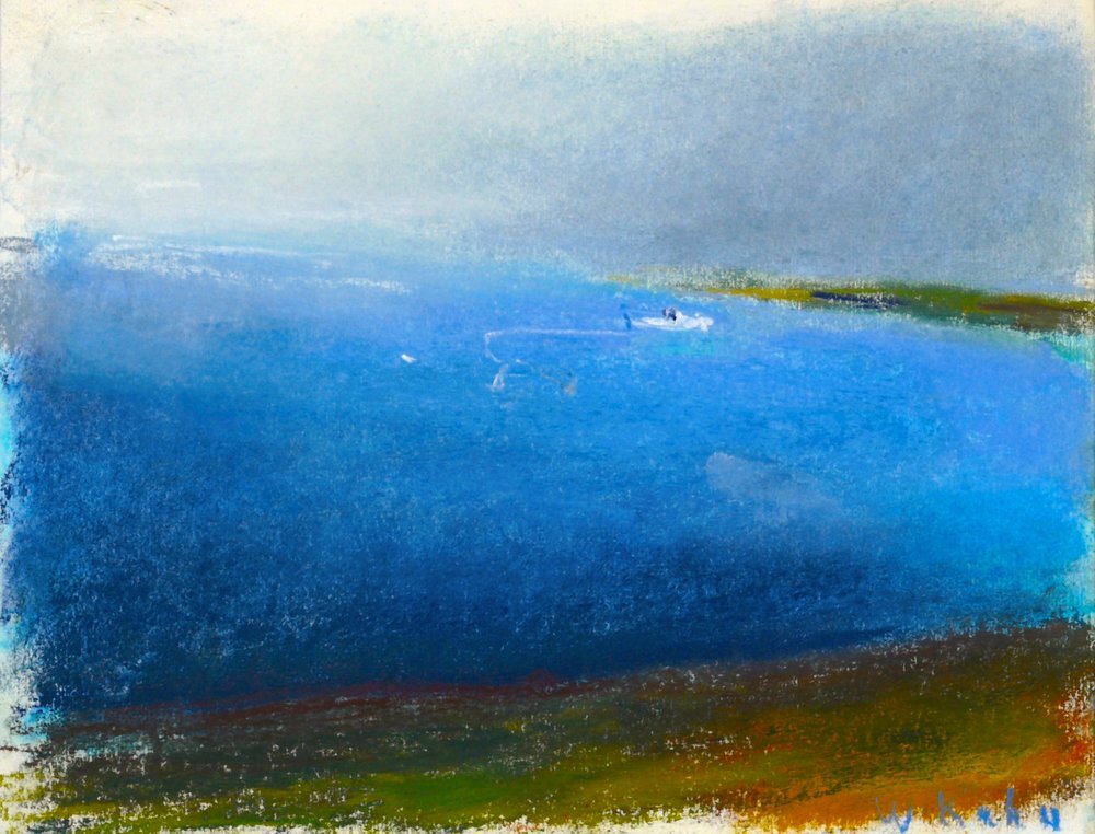 Little Lobster Boat in Bad Weather, 1999. Pastel, 9" x 12" Pastel seascape with a small boat floating on water, olive ground and gray sky