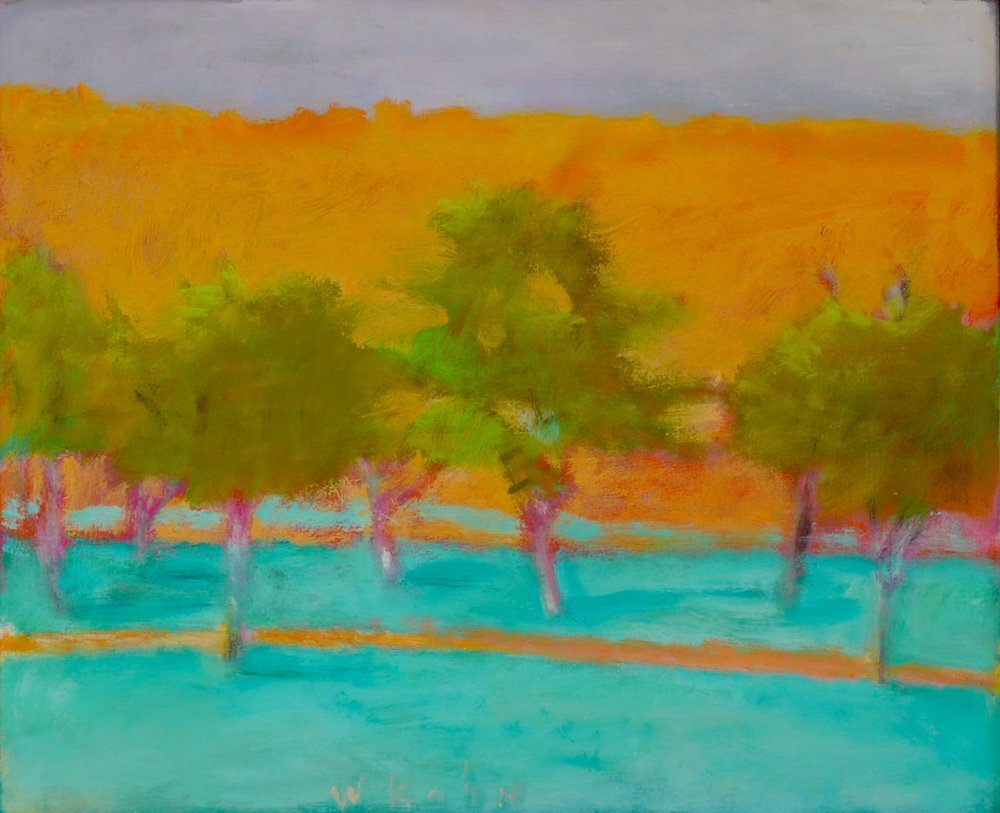 Brilliant Green Trees, 1997, Oil on canvas, 18" x 22" Treescape with turquoise foreground, olive trees and orange background