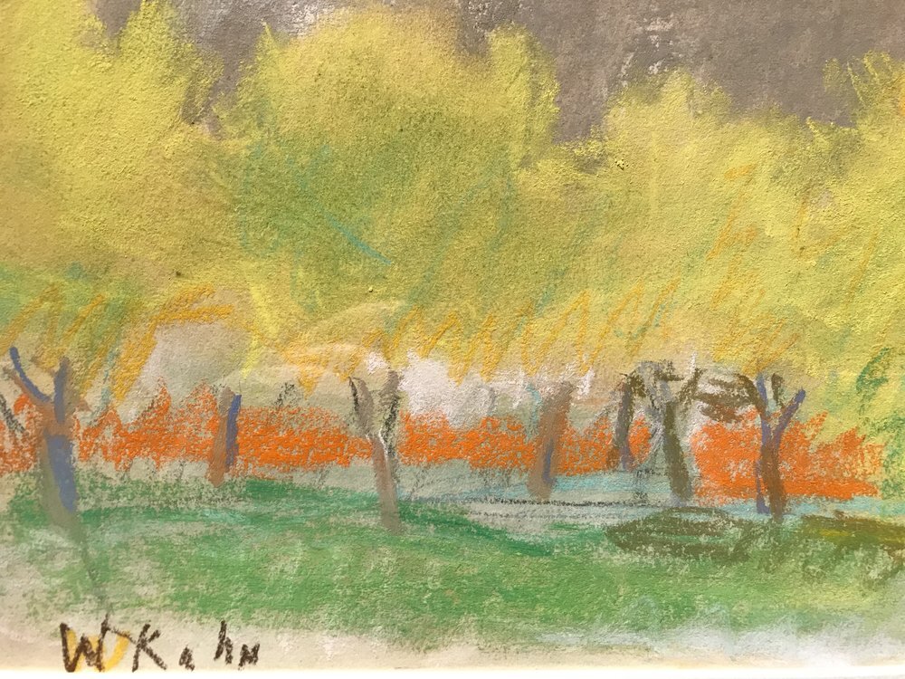 Untitled (Yellow Trees) (SOLD), 1990s, Pastel, 8" x 10" Pastel treescape with green and orange foreground, yellow trees and gray sky