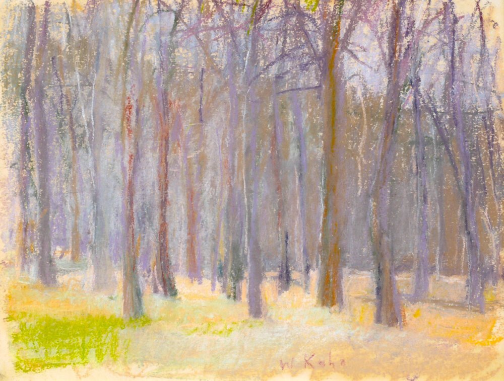 Wood in a Violet Cast (SOLD), 1988, Pastel, 9" x 12” Pastel treescape with beige foreground, gray and purple trees