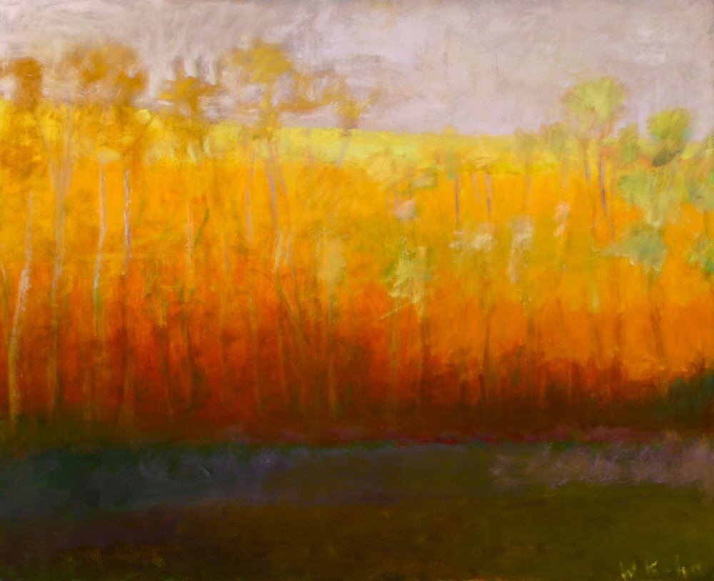Yellow Gold, 1991, Oil on canvas, 28" x 32" Treescape with olive foreground, yellow trees and orange, red background