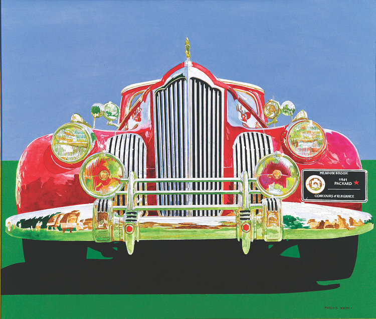 1941 Packard Meadow Brook , Acrylic on Canvas, 40" x 46" red packard car with green foreground and blue sky