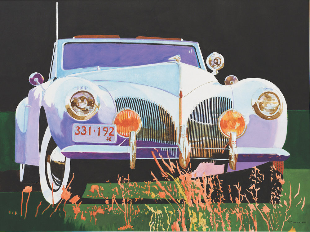 1940 Lincoln, 2004, Acrylic on Canvas, 30” x 40” white and purple lincoln car with green foreground, red abstract flowers and black sky
