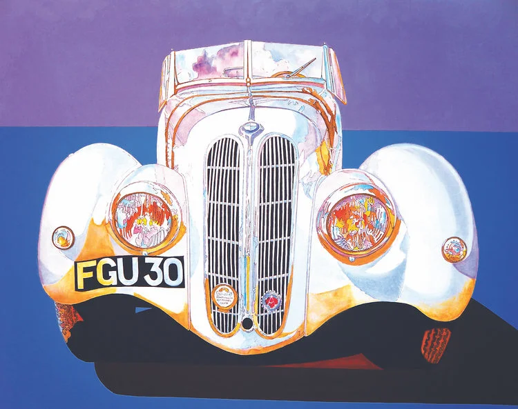BMW 328 , 1989, Acrylic on Canvas, 32”x40” white BMW car with blue foreground and purple sky