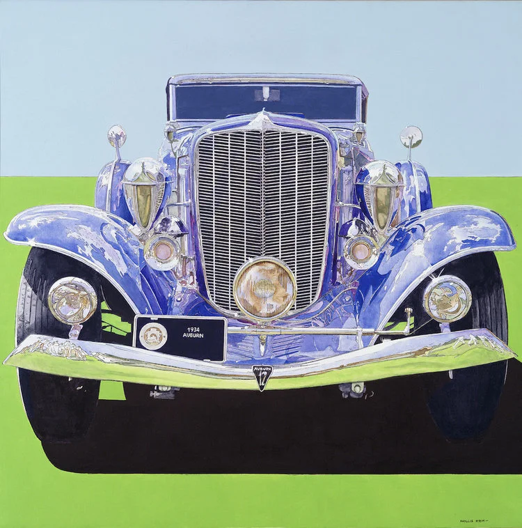 1934 Auburn Blue, 1985, Acrylic on Canvas, 40” x 40” purple auburn car with light green foreground and light blue sky