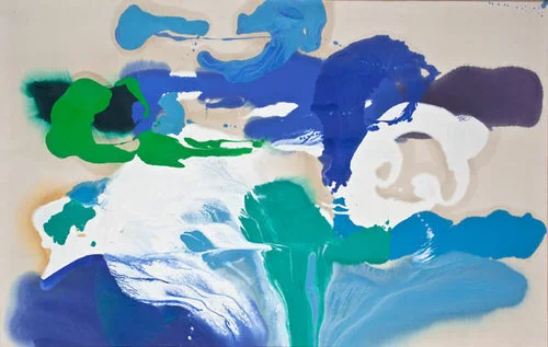 Volcanic Blues , 1986, Oil on canvas, 43" x 69" Poured paint colorfield painting with primarily blue, green, white U shaped images on unprimed canvas
