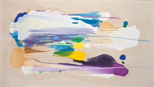 Tan Horizontal (SOLD) , 1982, Oil on canvas, 51” x 88” Poured paint colorfield painting with white, purple,tan, yellow and blue U shaped images on unprimed canvas