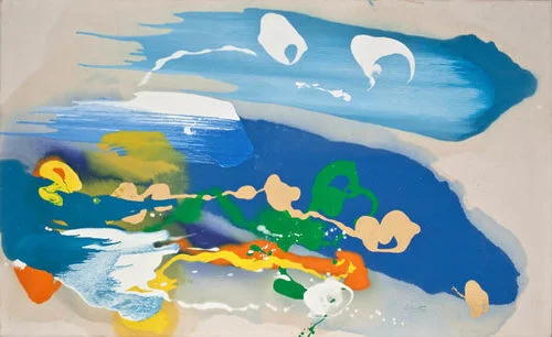 Untitled , Oil on canvas, 41.5" x 68" Poured paint colorfield painting with blue, yellow, white, green and orange U shaped images on unprimed canvas