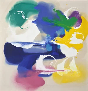 Untitled, 1980, Oil on Linen, 58”x55 1/2” Poured paint colorfield painting with multicolor U shaped images on unprimed canvas