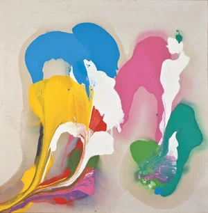 Summer’s Choir, 1989, Oil on Canvas, 70 1/4”x 68 1/2” Poured paint colorfield painting with yellow, blue, white, pink, green U shaped images on unprimed canvas