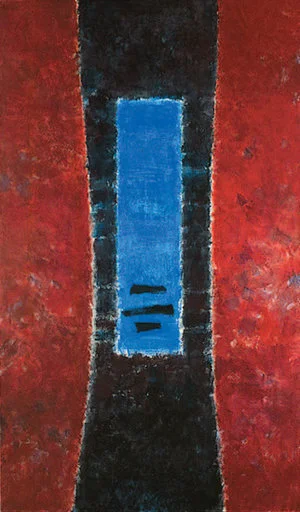 In the Middle Realm VII, 1995, Acrylic on canvas, 78" x 46" Vertical colorfield abstraction with red on each sides and black and blue river running through middle